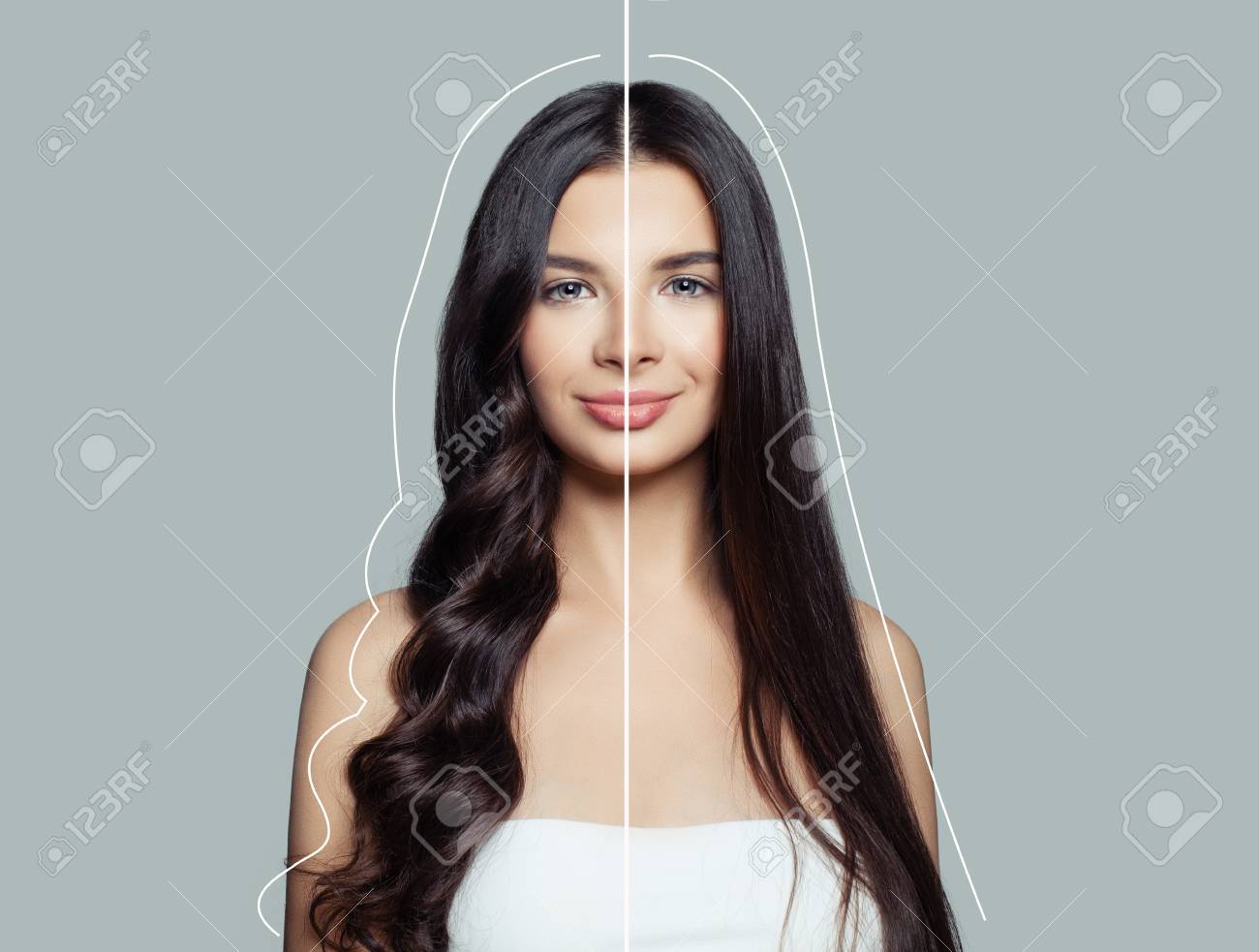 Woman Brunette With Curly And Straight Hair After Using A Hair Stock Photo Picture And Royalty Free Image Image