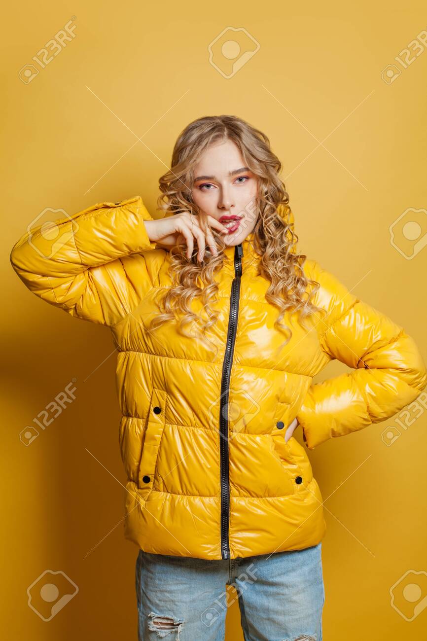 shiny yellow puffer jacket
