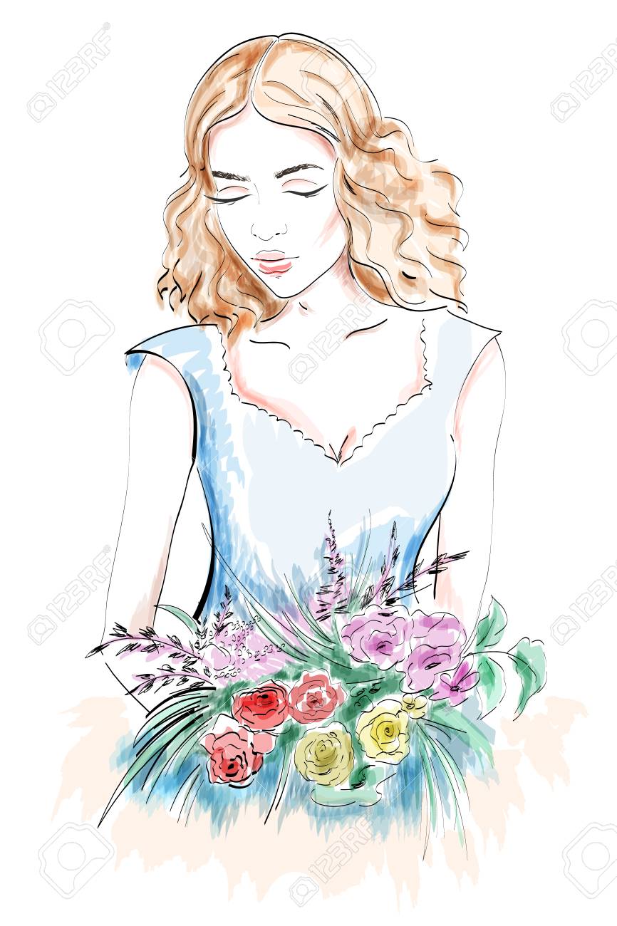 Beautiful Young Woman Portrait Woman With Flowers Sketch Hand