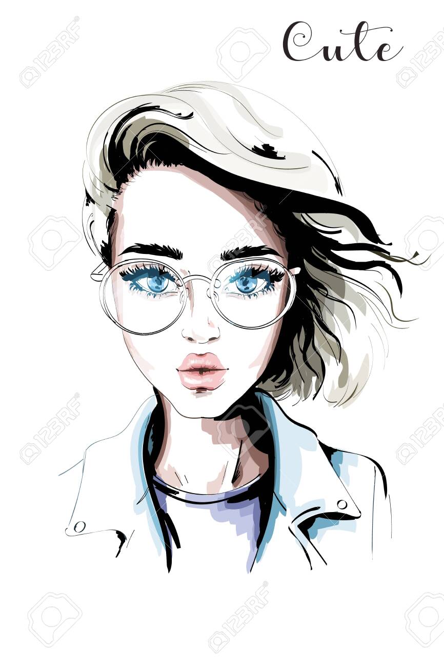 Hand Drawn Beautiful Woman Portrait Fashion Woman In Eyeglasses