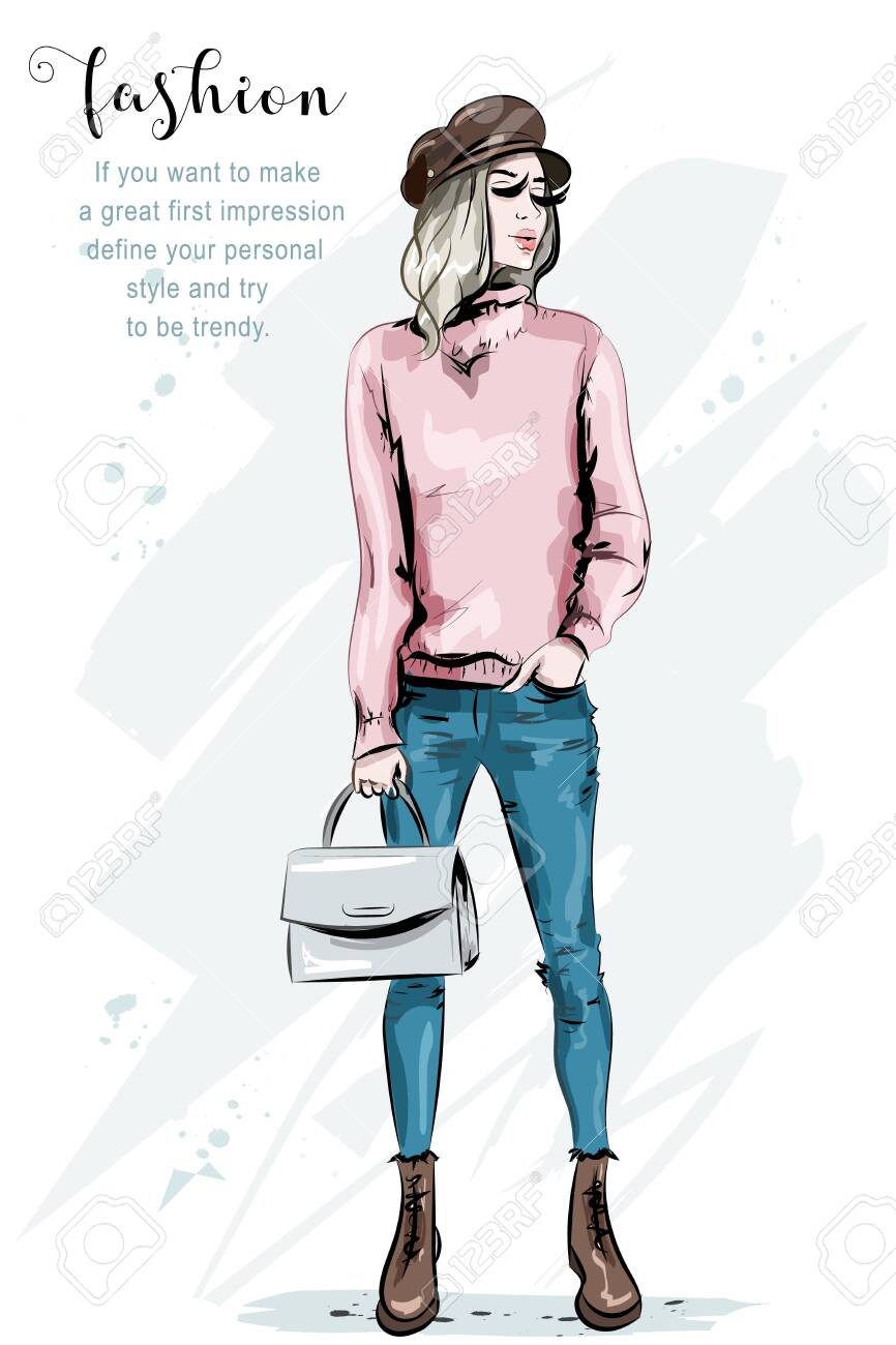 Pretty Young Woman In Cap Fashion Model Posing Stylish Girl