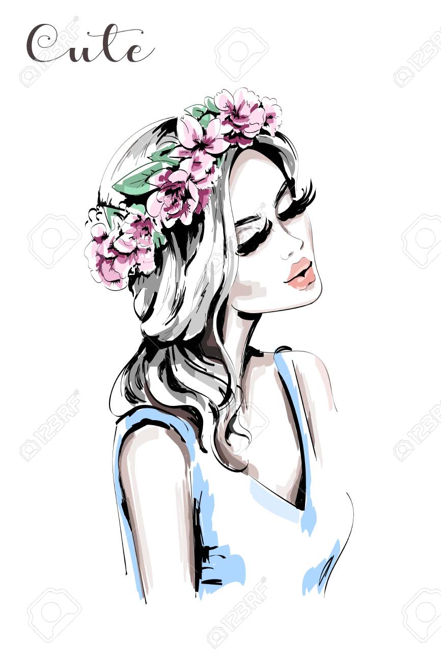 Beautiful Woman With Flower Wreath In Her Hair Hand Drawn Cute