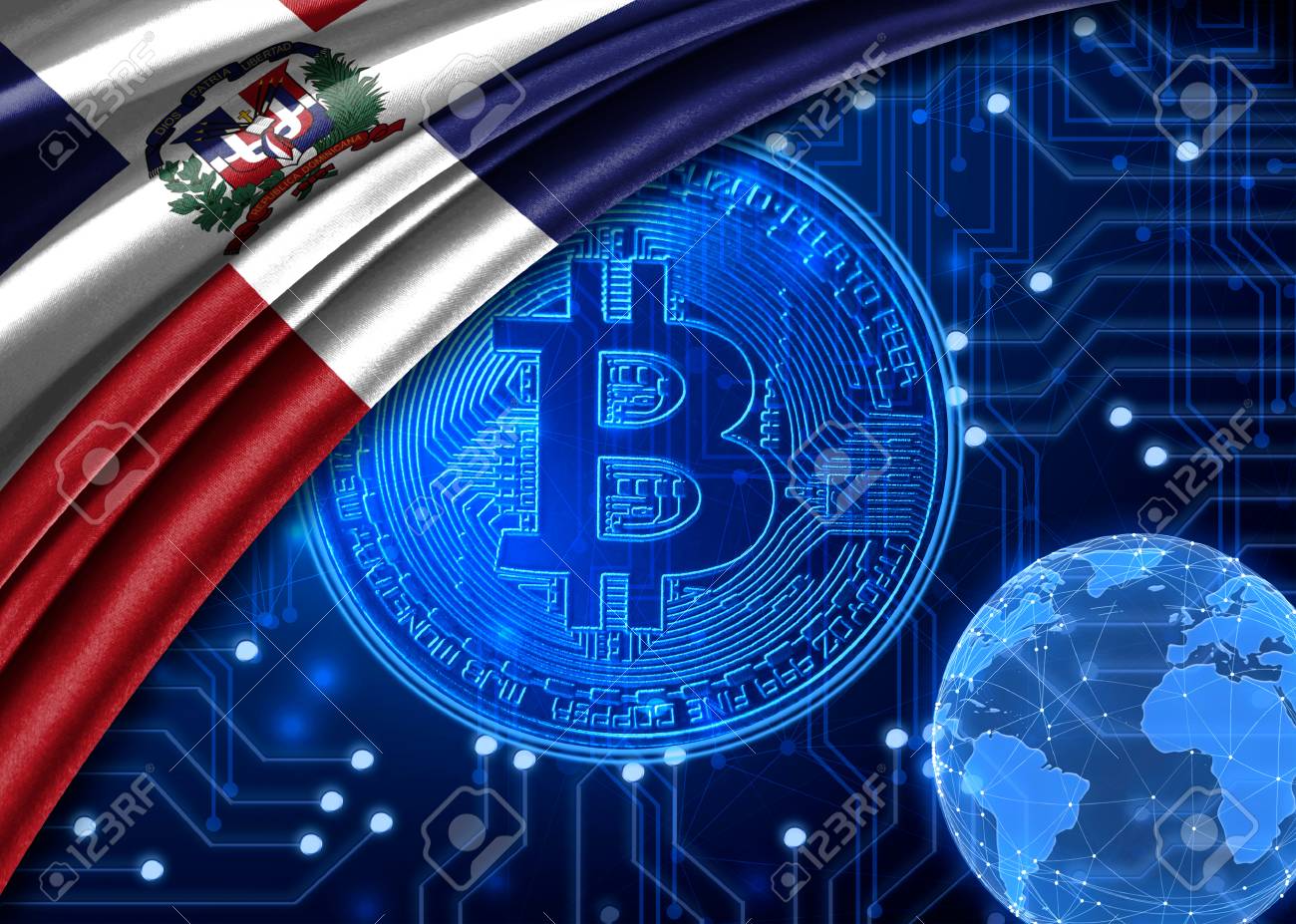 La Bandera De República Dominicana Se Muestra En El Contexto De La Moneda  Criptográfica Bitcoin. Moneda Mundial Criptográfica-bitcoin. Muestra El  Tipo De Cambio Actual, Las Fluctuaciones, El Gráfico De Crecimiento Y Caída