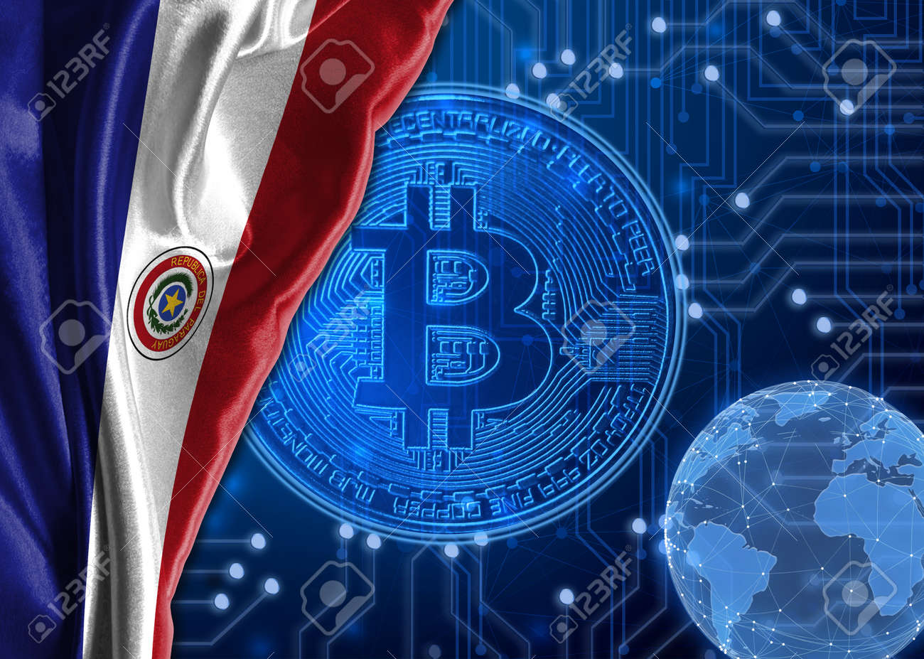 Flag Of Paraguay Is Shown Against The Background Of Crypto Currency Bitcoin  Global World Crypto Currency Bitcoin Shows The Current Exchange Rate  Fluctuations The Growth And Fall Graph In Countries Fotos, retratos,