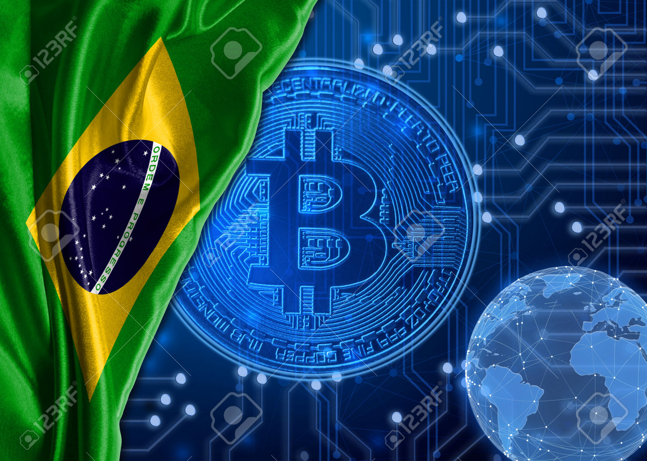 Bandeira Do Brasil É Mostrado No Contexto Da Moeda Cripto Bitcoin. Mundo  Global Cripto Moeda-bitcoin. Mostra A Taxa De Câmbio Atual, Flutuações, O  Crescimento E Gráfico De Queda Nos Países. Foto Royalty
