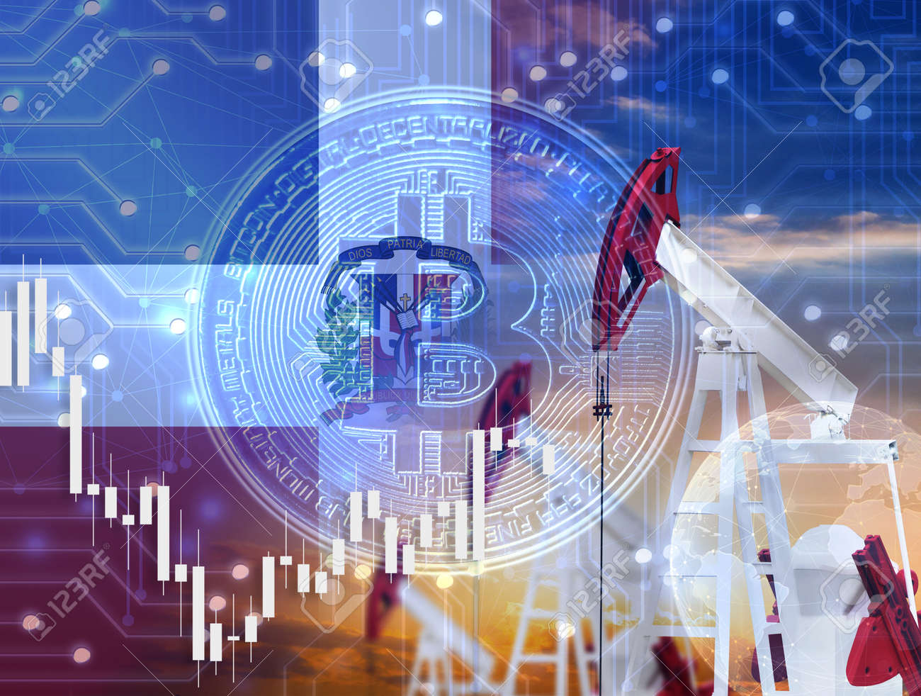 Holograma Con Criptomoneda Bitcoin Y Gráfico En El Fondo De La Bandera De República  Dominicana Fotos, retratos, imágenes y fotografía de archivo libres de  derecho. Image 163791362