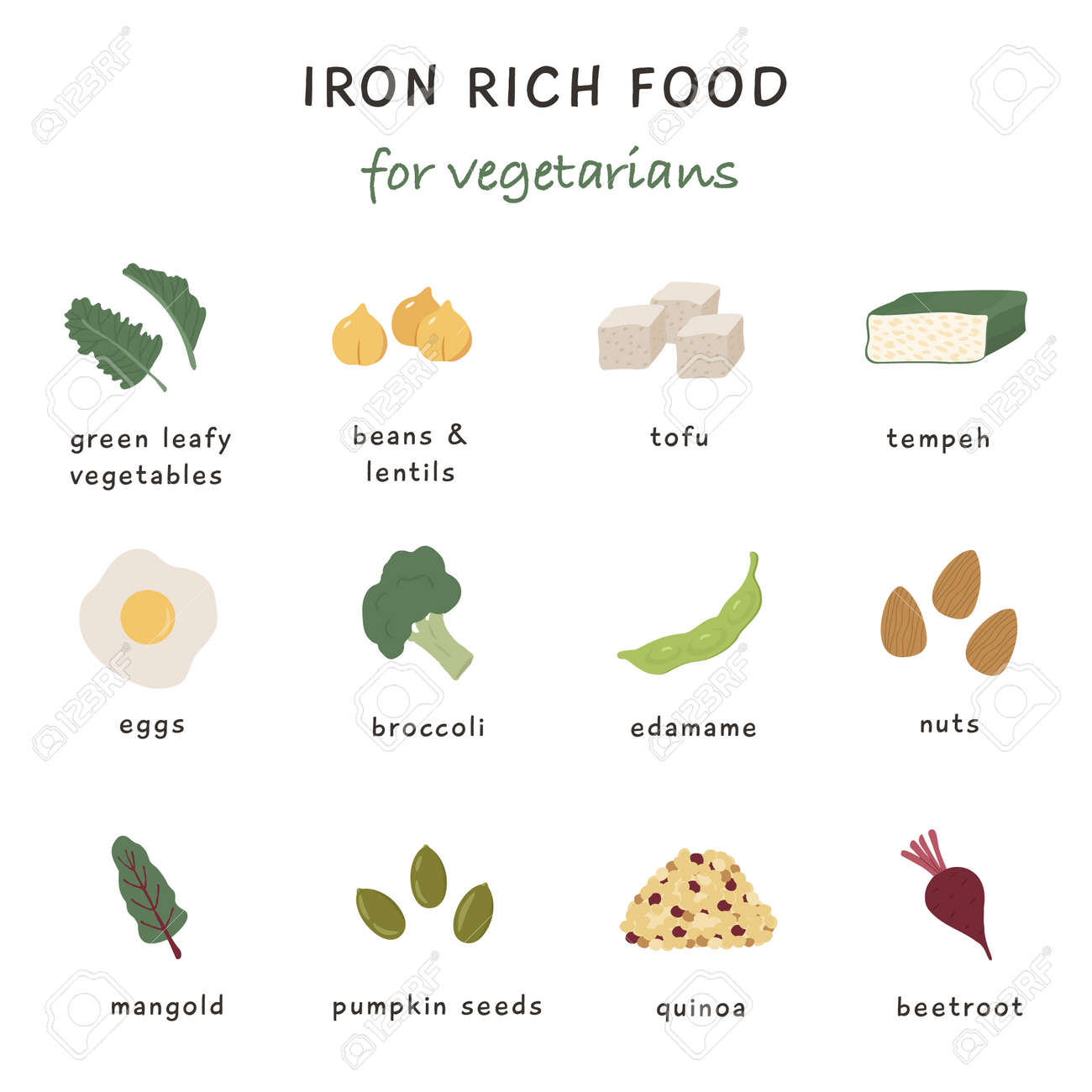 Iron Rich Food Sources For Vegetarian Diet Collection Of Food Containing Iron Soy Product Chocolate Kale Lentils And Nuts Dietetic Organic Nutrition Different Healthy Products Information Card Royalty Free Cliparts Vectors And