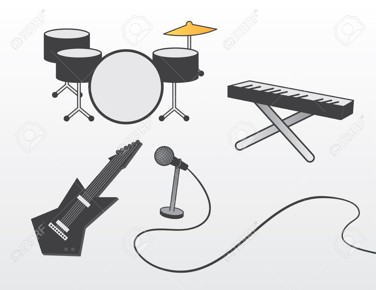 ギターなど様々 なバンド楽器ドラム セット ピアノ マイク のイラスト素材 ベクタ Image ギターなど様々 なバンド楽器ドラム セット ピアノ マイク のイラスト素材 ベクタ Image