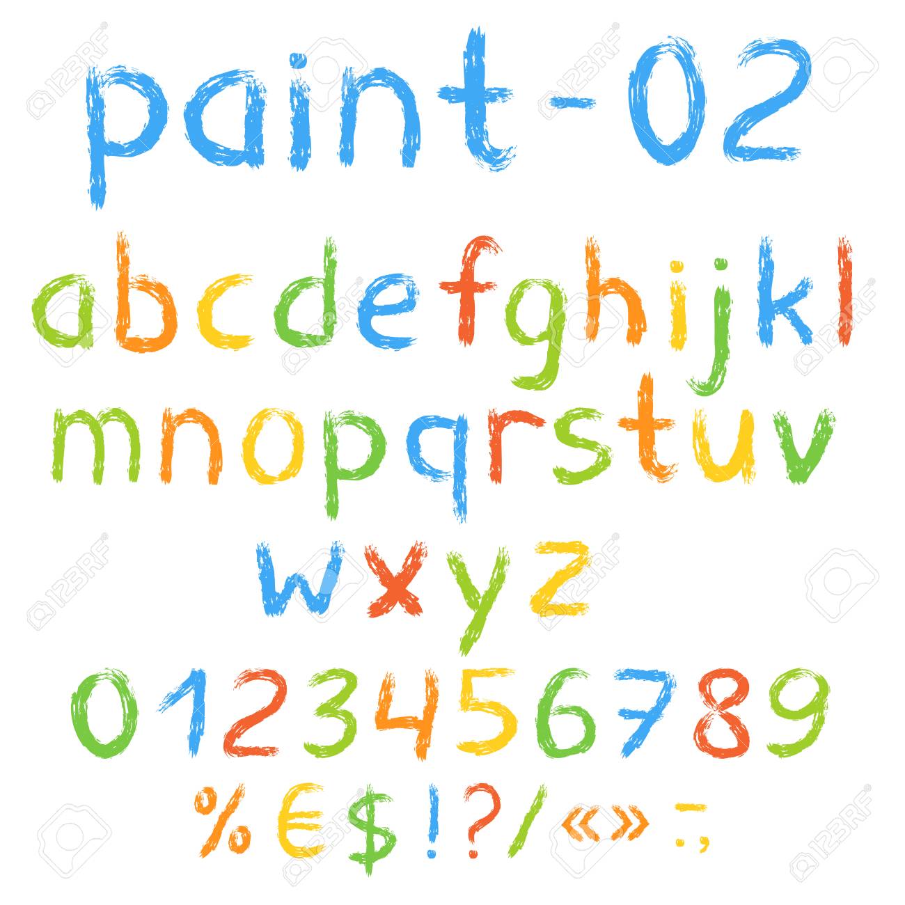 カラフルな明るい塗られた英語のアルファベットと数字と記号 ベクトルを設定します 白い背景に分離のイラスト素材 ベクタ Image