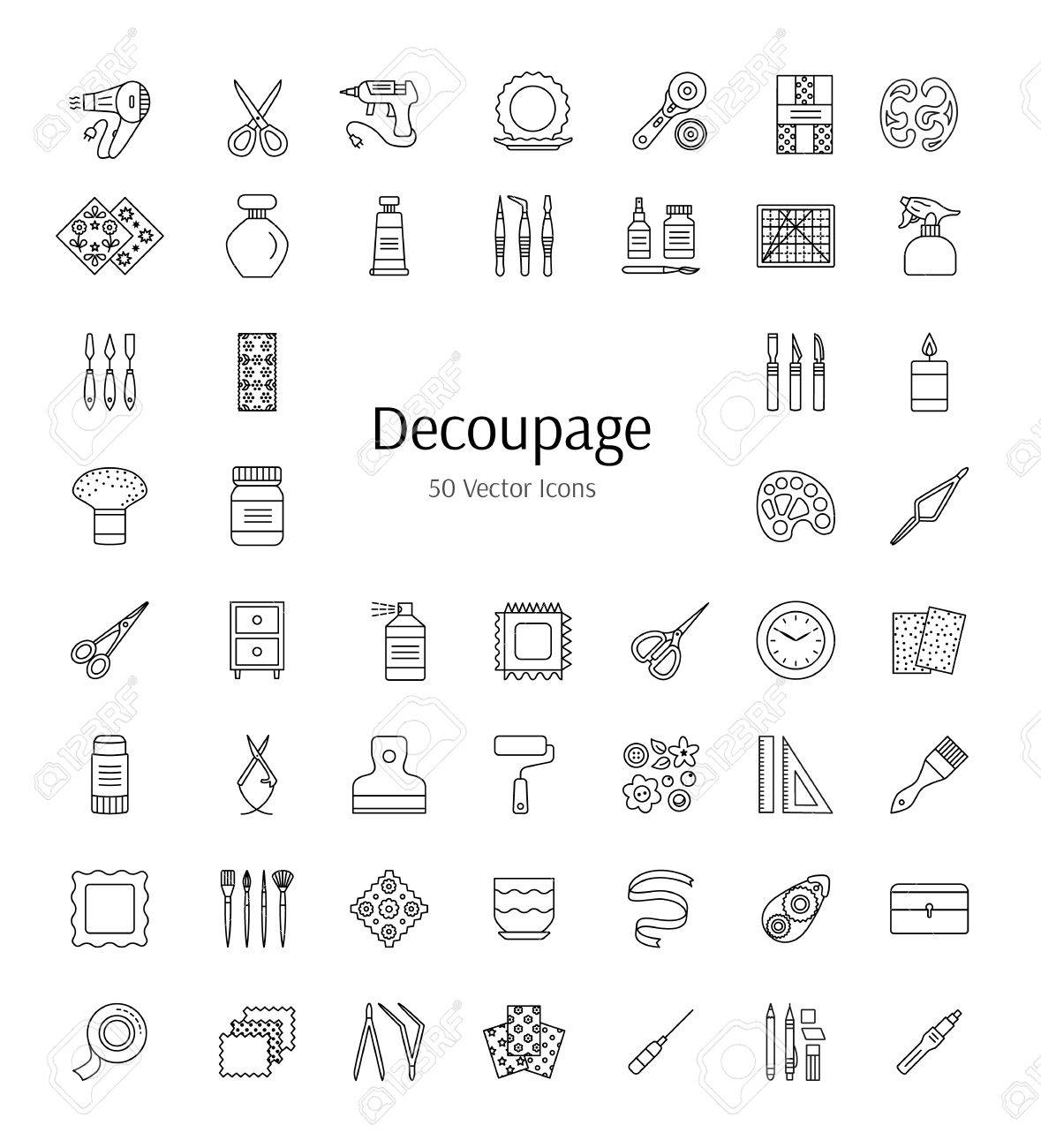 decoupage tools and accessories vector line icons decorating boxes furniture frames with decorating paper i37 furniture