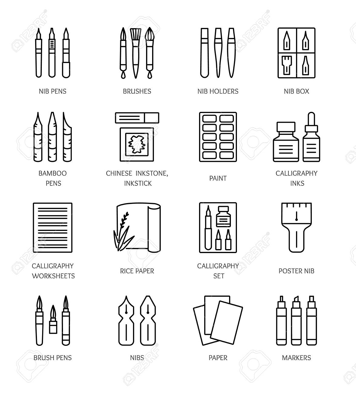 Herramientas Y Materiales De Iconos De Línea Del Vector. Pincel Y Plumillas Para Escribir A Mano Y Rotulación. Artículos Para Letras Antiguas Decorativas. Elementos De Papelería. Ilustraciones Svg, Vectoriales, Clip