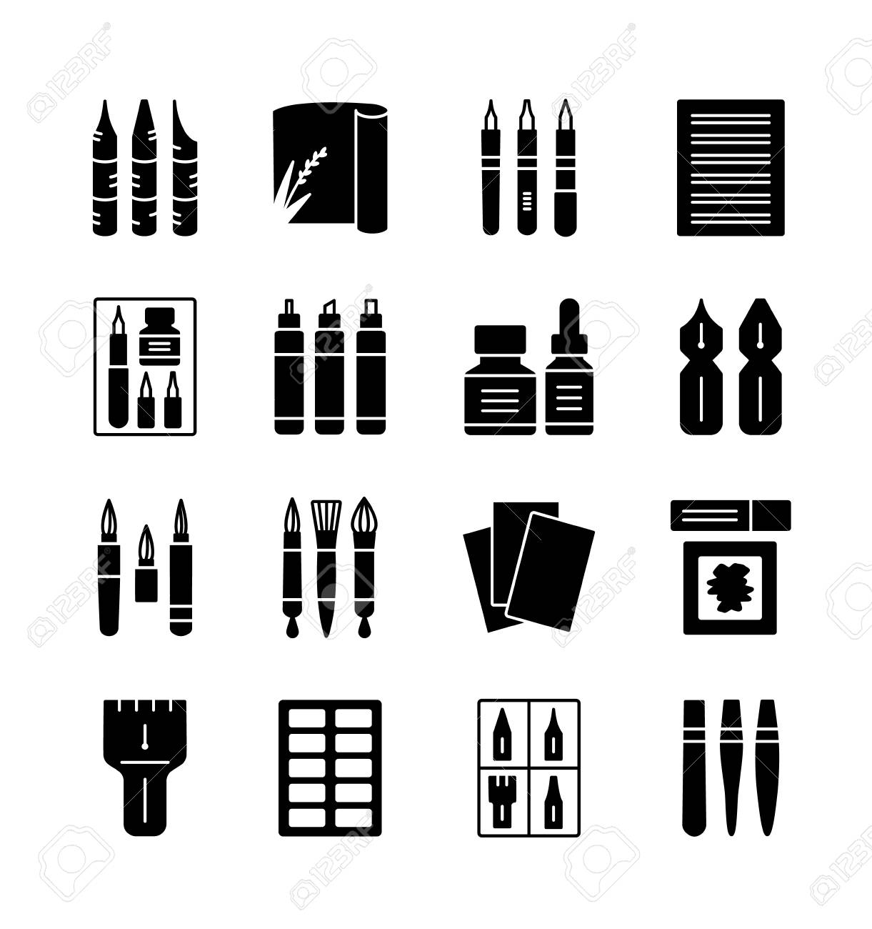 Herramientas De Caligrafía Y Materiales Icono De La Plantilla. Cepillo Y Lápiz De Tejer Vector De La Mano Y Artículos Para Escrito Para El Diseño. Elementos Decorativos De De Estilo De