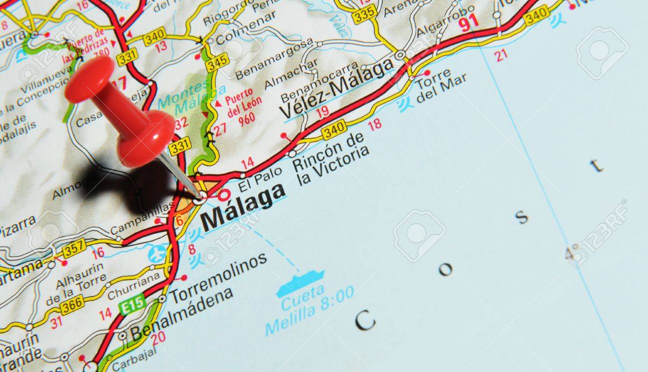 London, UK - 13 June, 2012: Malaga, Spain marked with red pushpin on Europe map. - 14515003 London, UK - 13 June, 2012: Malaga, Spain marked with red pushpin on Europe map. - 14515003