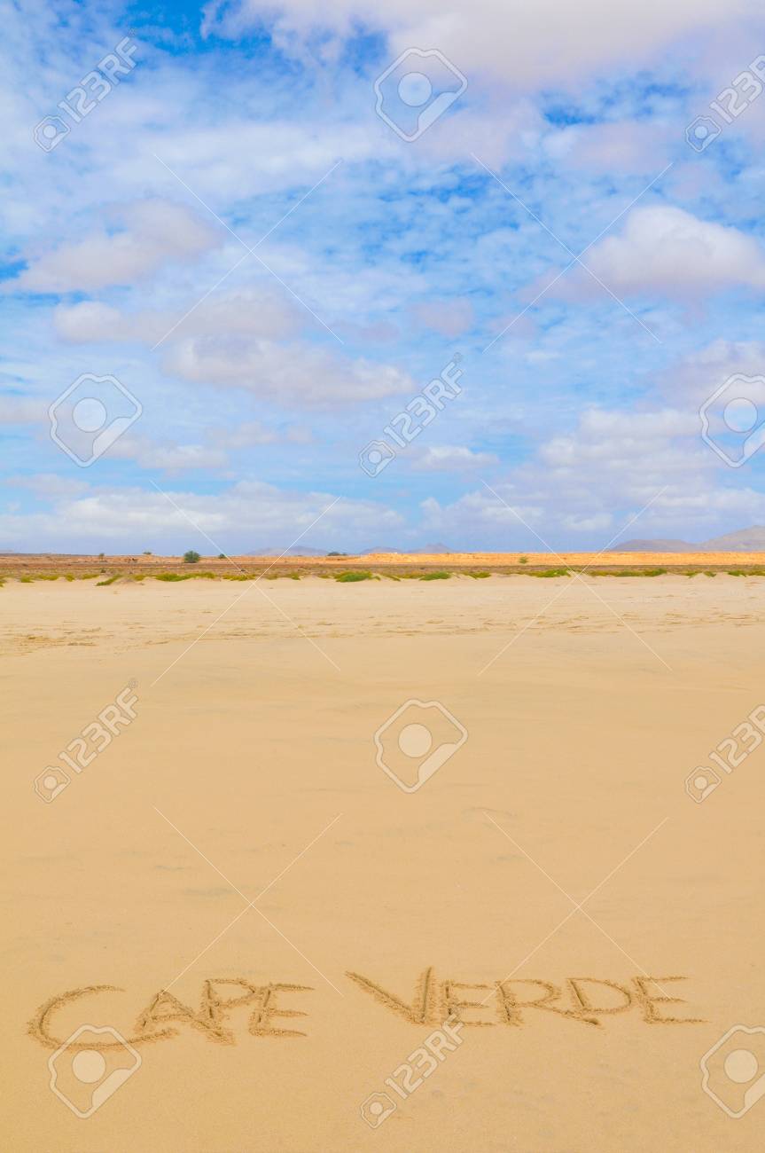 Visit Cape Verde concept written on the sand of a beach in Boa Vista - 96398696 Visit Cape Verde concept written on the sand of a beach in Boa Vista - 96398696