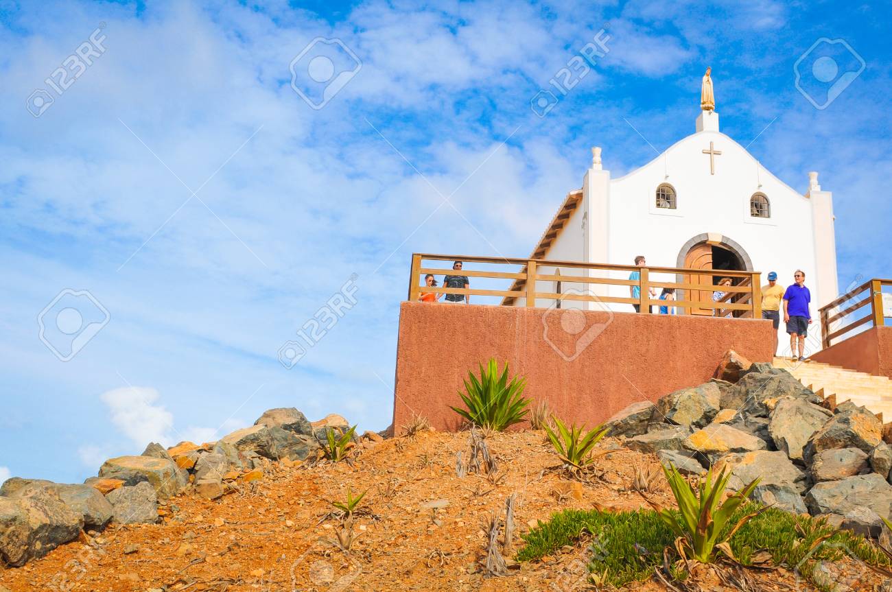 Boa Vista, Cape Verde - December 20, 2017: Tourists visit a catholic church on the island of Boa Vista, Cape Verde, Africa - 118177570 Boa Vista, Cape Verde - December 20, 2017: Tourists visit a catholic church on the island of Boa Vista, Cape Verde, Africa - 118177570