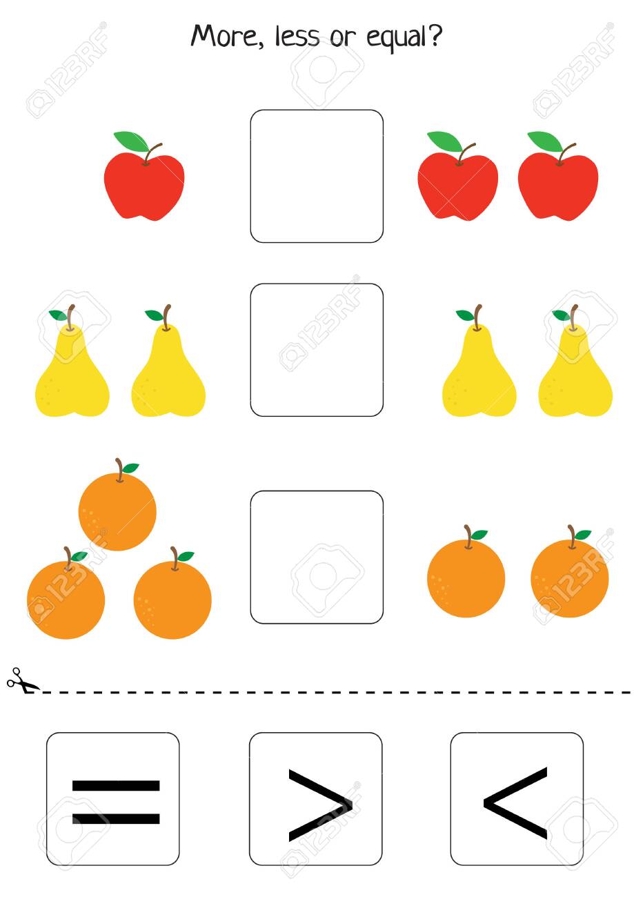 educational worksheet for kids games for kids printable pages for preschool children math game more or less or equal counting game set of fruits comparison for kids royalty free cliparts vectors and