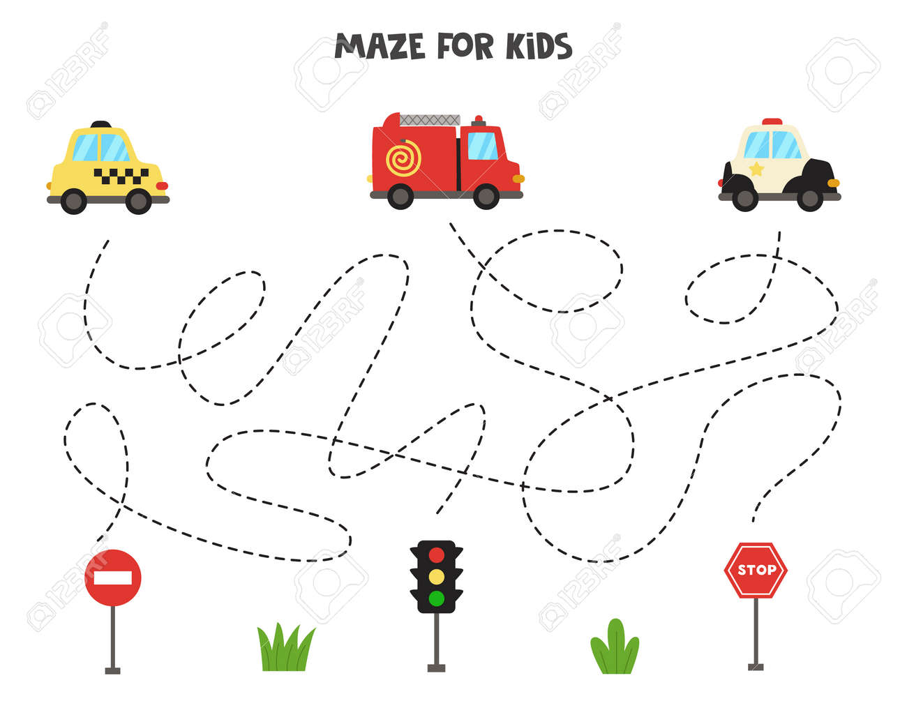 Maze game for kids. Help transportation means get to the traffic signs. Worksheet for children. - 169393529 Maze game for kids. Help transportation means get to the traffic signs. Worksheet for children. - 169393529