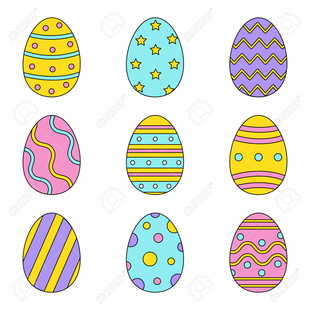 Set Of Colorfully Decorated Cartoon Easter Eggs. Royalty Free SVG,  Cliparts, Vectors, and Stock Illustration. Image 183630269., image size:1300x1300