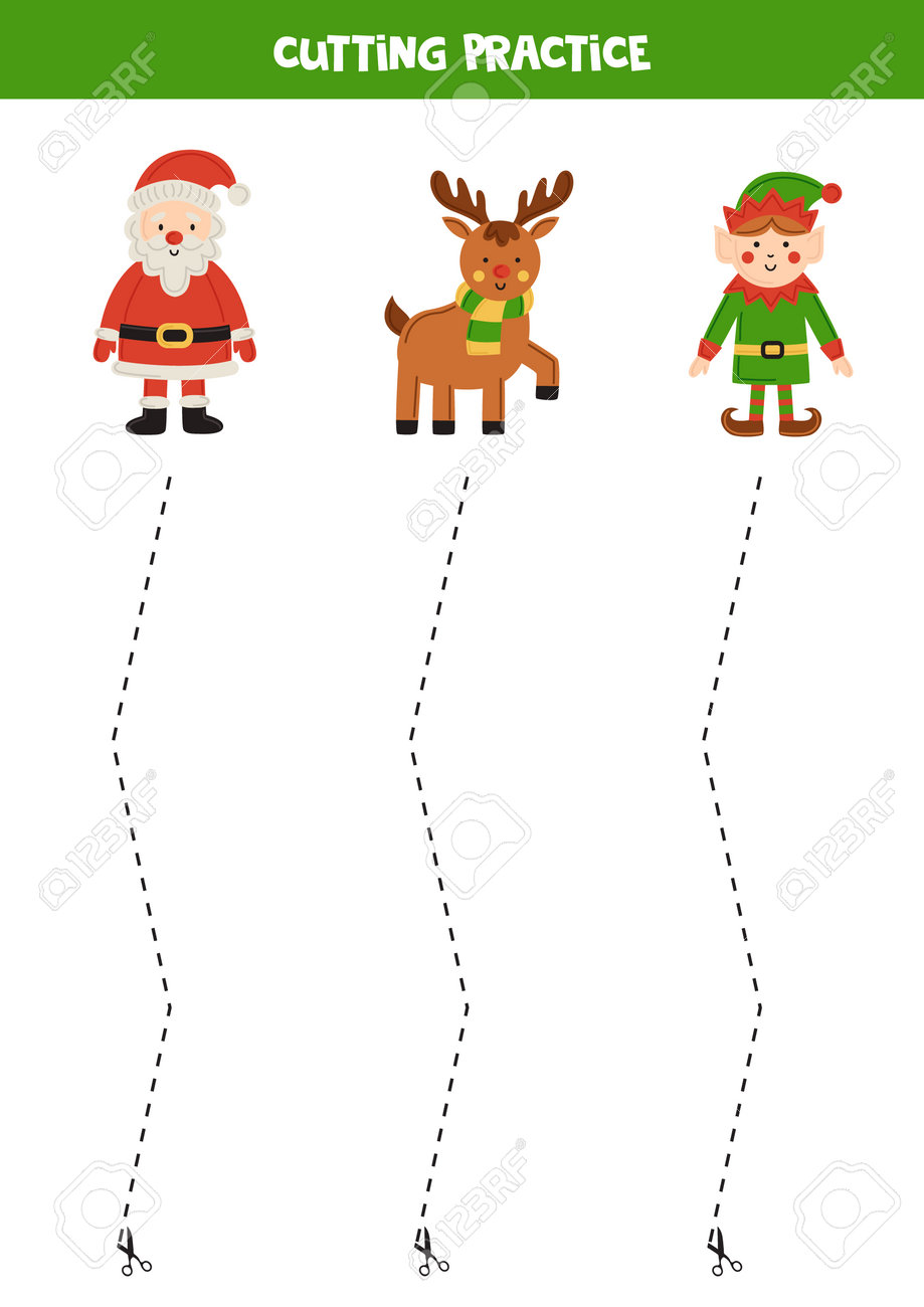 Cutting Practice For Preschool Kids. Cut By Dashed Line. Cute Christmas  Characters. Клипарты, SVG, векторы, и Набор Иллюстраций Без Оплаты  Отчислений. Image 194567297