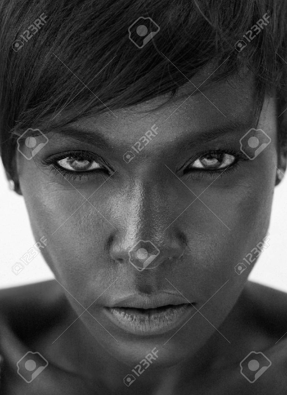 Close up black and white portrait of a beautiful african american