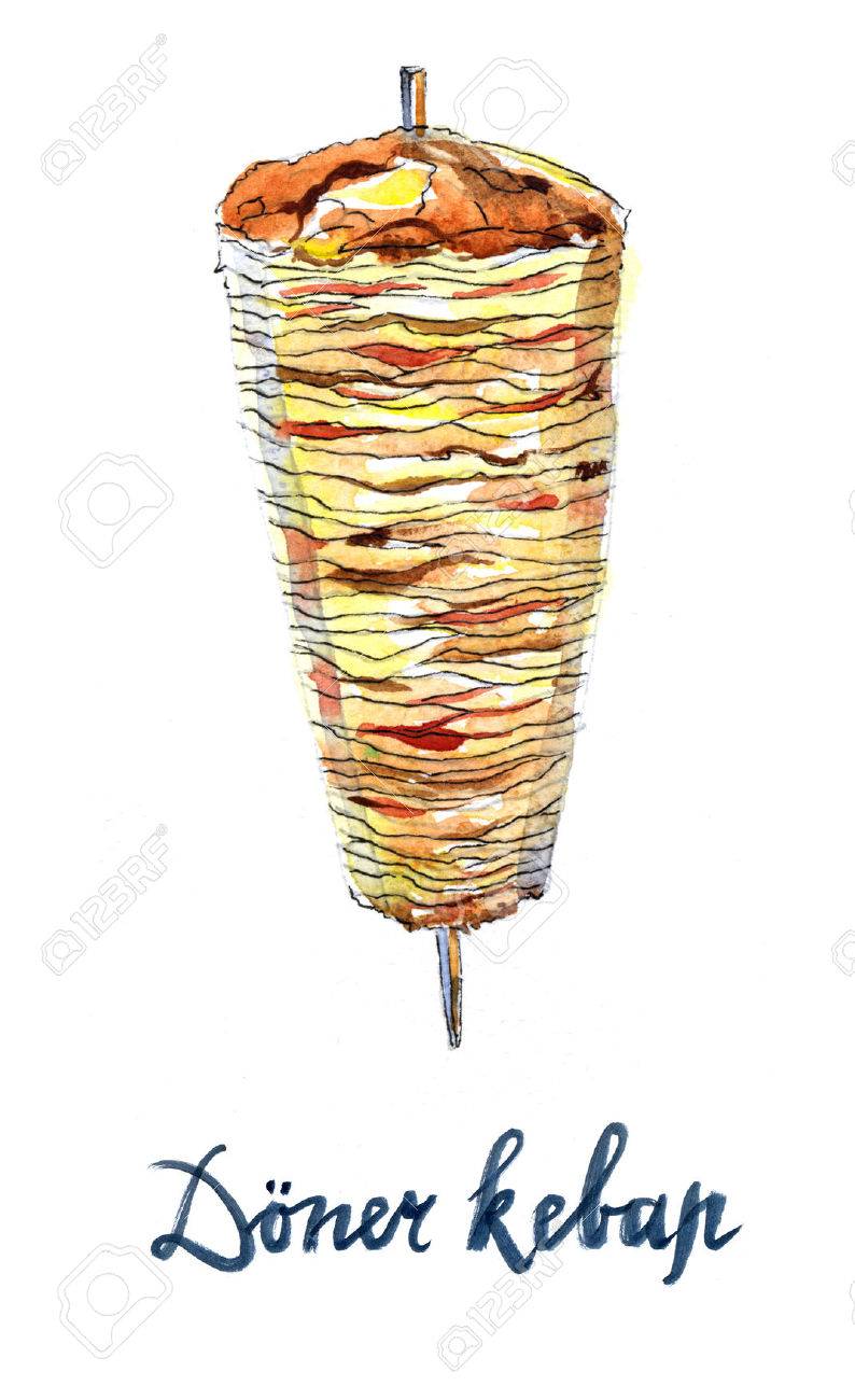 Doner kebap or shawarma means "Meat in pita bread, roll with meat", hand drawn, watercolor - Illustration - 49126066 Doner kebap or shawarma means "Meat in pita bread, roll with meat", hand drawn, watercolor - Illustration - 49126066