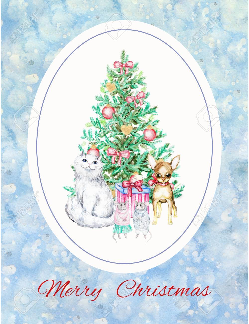 Chat De Dessin Animé Pappy Souris Et Arbre De Noël Illustration De Noël Aquarelle