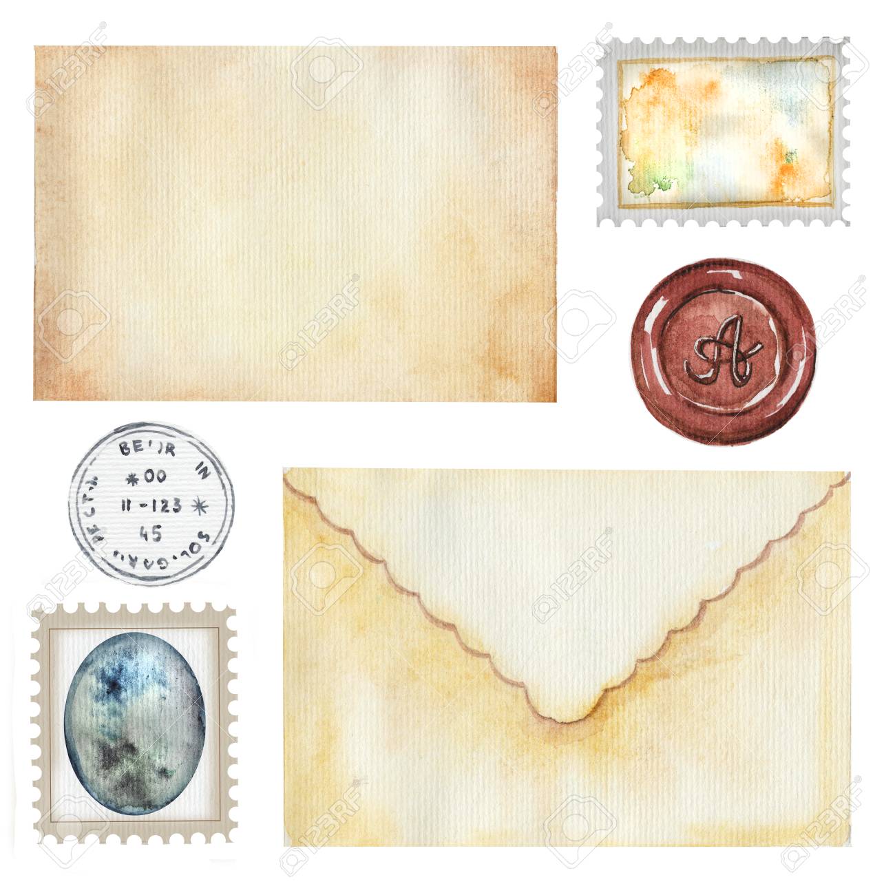 金色の文字と切手が付いているヴィンテージセット 水彩画描き下ろしイラスト の写真素材 画像素材 Image