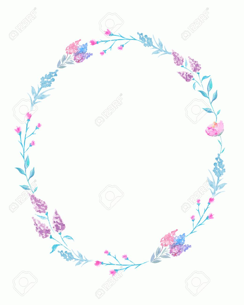花と小枝と楕円形のフレーム 水彩ハンド描きイラスト の写真素材 画像素材 Image