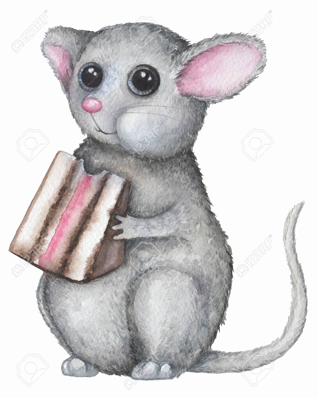 ネズミはケーキを食べている 白い背景に分離された水彩画のイラスト の写真素材 画像素材 Image