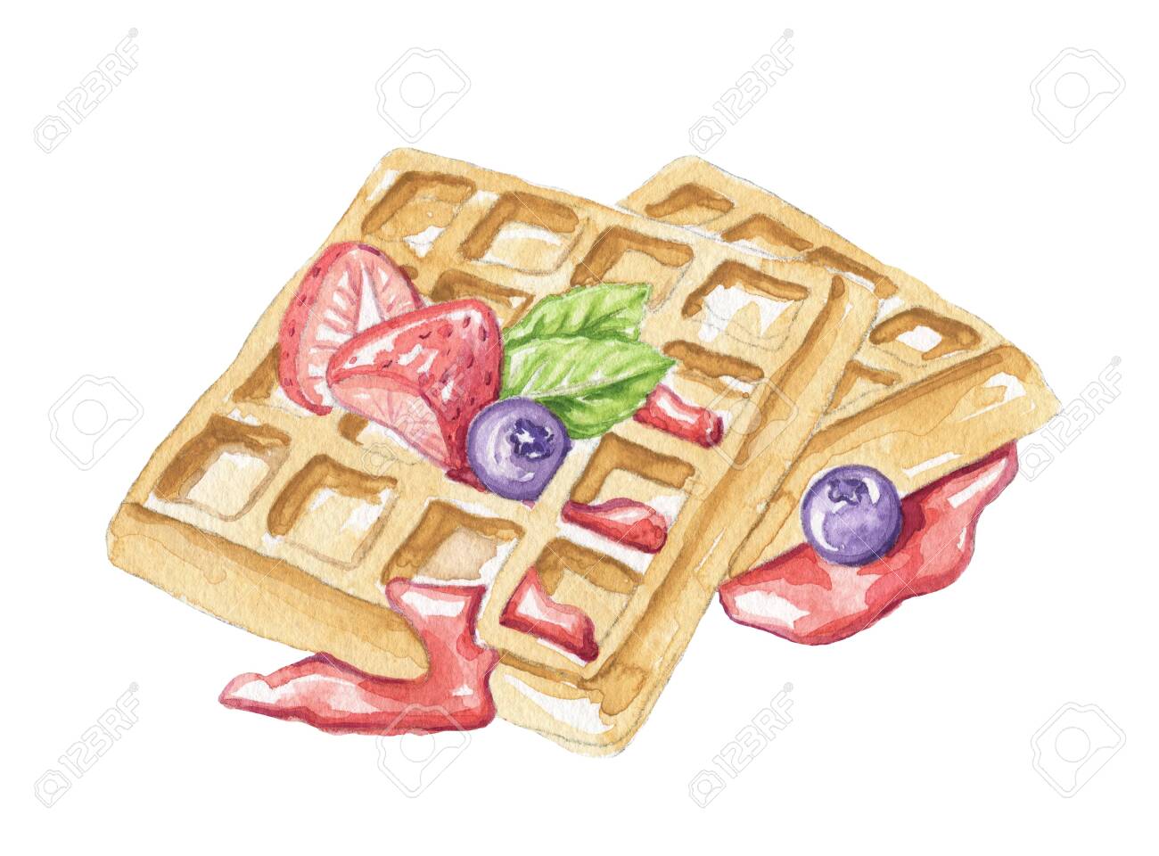 Composition Of Two Belgian Waffles Berries And Jam Isolated On White Background Watercolor Hand Drawn Illustration Stock Photo Picture And Royalty Free Image Image