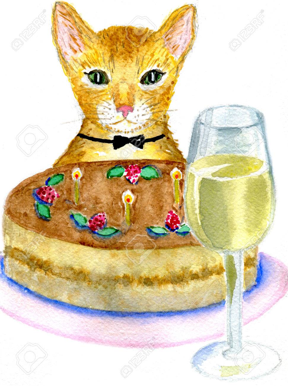 Happy Birthday Cat And Wine Cats Birthday , Cat With Cake And A Glass Of Wine Isolated On A White  Background, Watercolor Illustration And Paper Texture Stock Photo, Picture  And Royalty Free Image. Image 43205569.