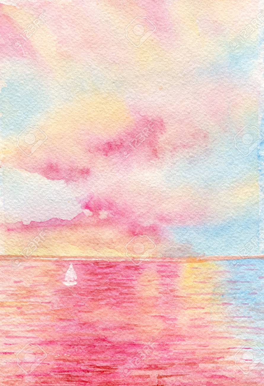 ピンク 地平線 水彩イラスト 紙のテクスチャには ヨットの風景 の写真素材 画像素材 Image