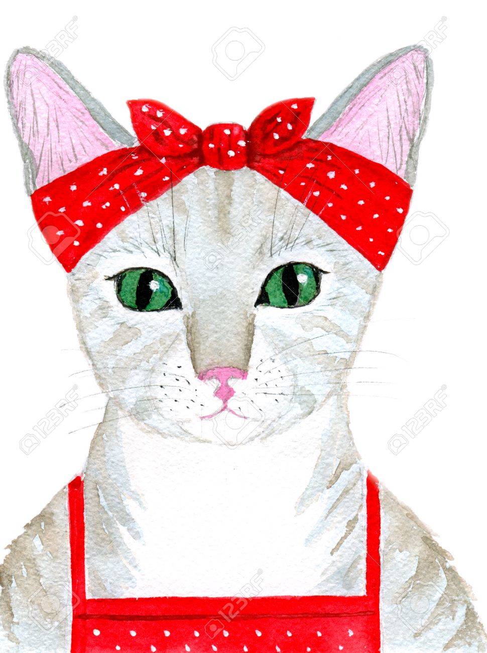 Portrait de la fille de chat hôtesse mignon habillé d\u0027un tablier et un foulard. Carte de voeux ou d\u0027invitation pour la fête d\u0027anniversaire ou toute