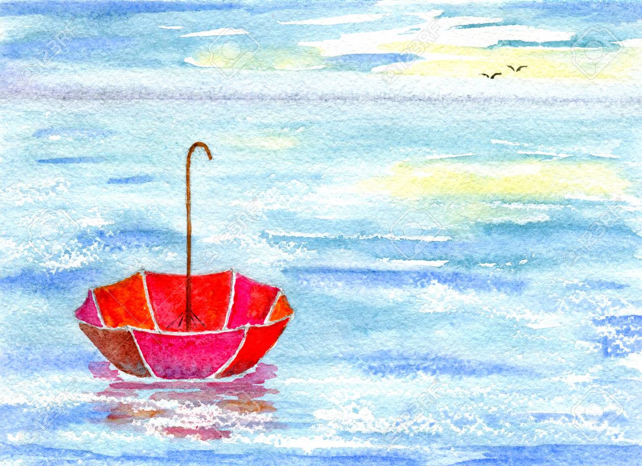 海の水の傘 地平線 手描き水彩イラスト 紙の質感の鳥 の写真素材 画像素材 Image