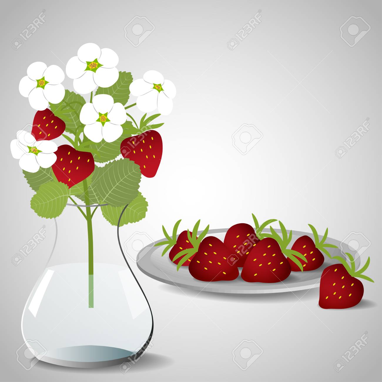 イチゴと灰色の背景 イラストに開花のイチゴの香りと花瓶のプレートのイラスト素材 ベクタ Image