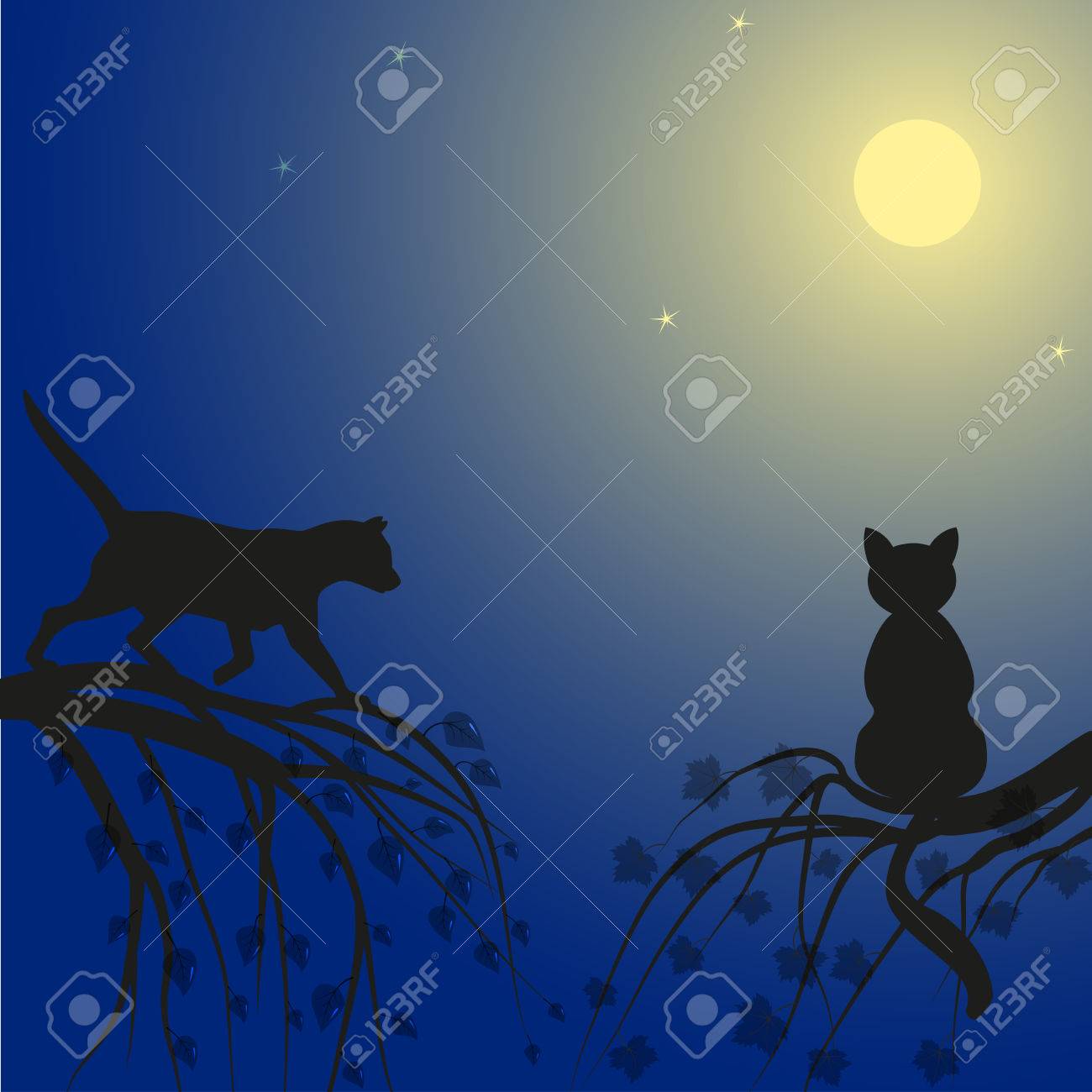 絵画。原画【二匹の猫が一緒にデートの道にきれいな星を探しに行きます】 絵画「月と星とネコ」 絵画 伊藤彩恵子 通販 3459058｜Creema