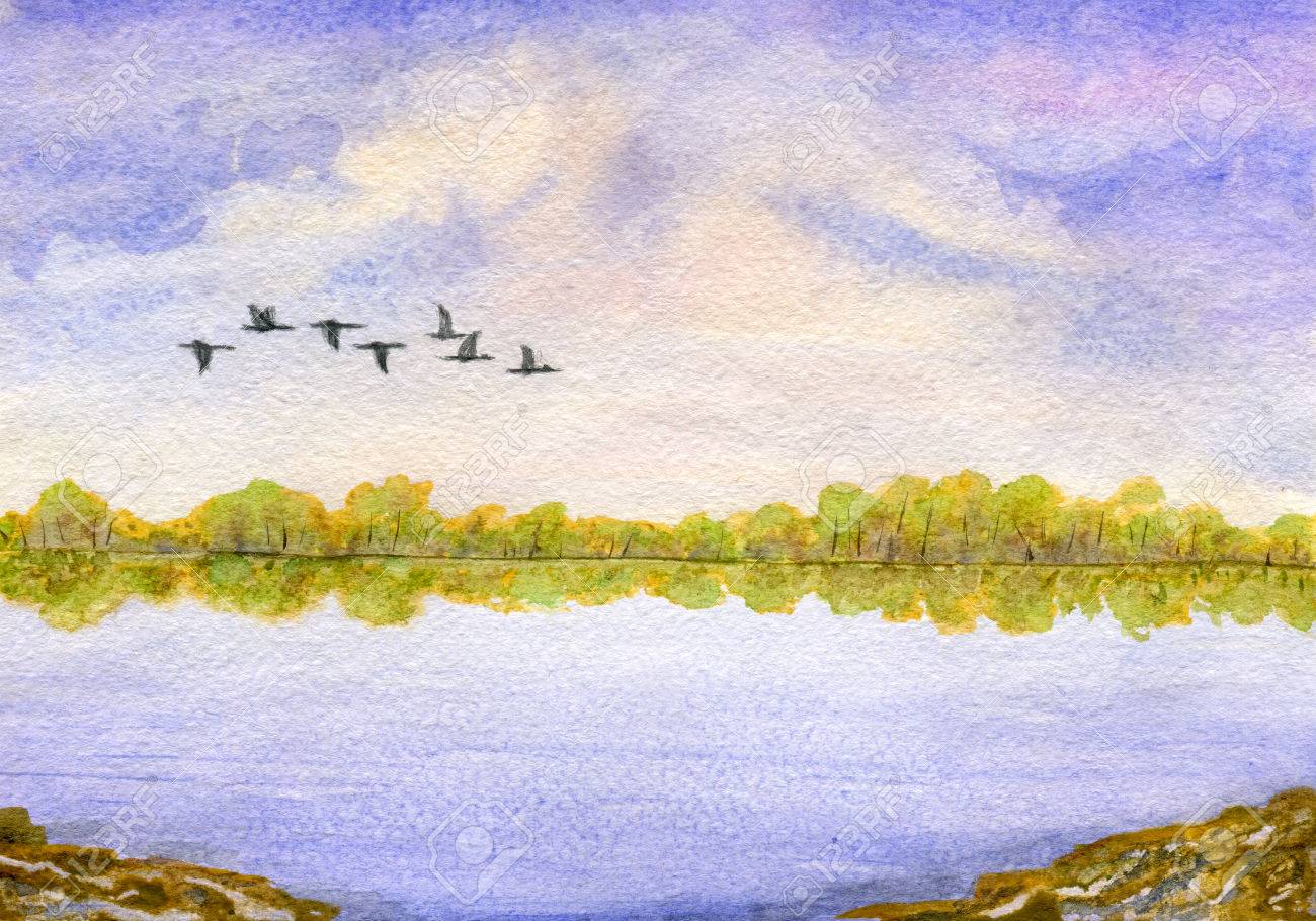 風景: 曇り空、湖、森林地平線と渡り鳥の群れ。手描き水彩イラストと紙 ...