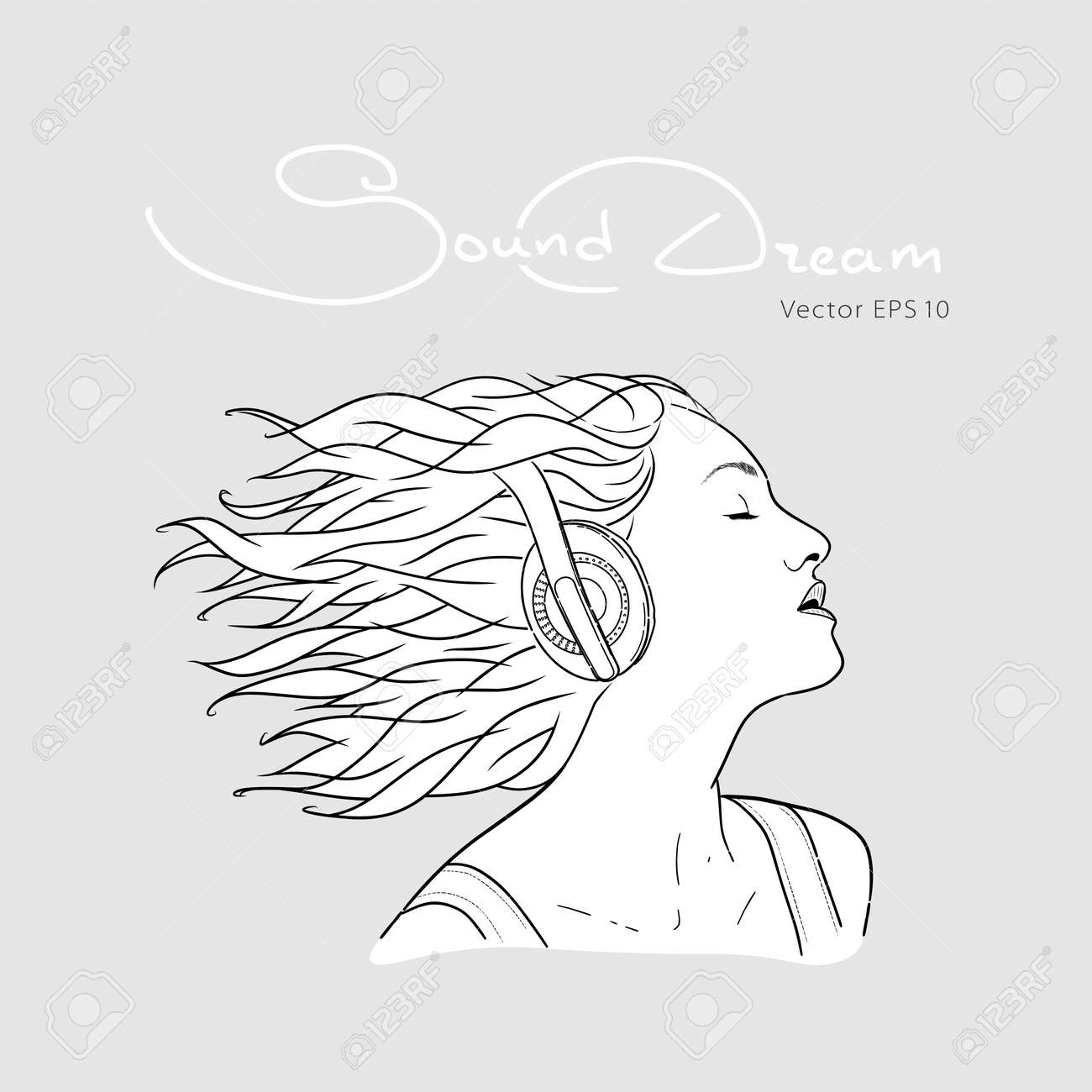 Portrait Of A Girl Wearing Headphones Vector Illustration Hand