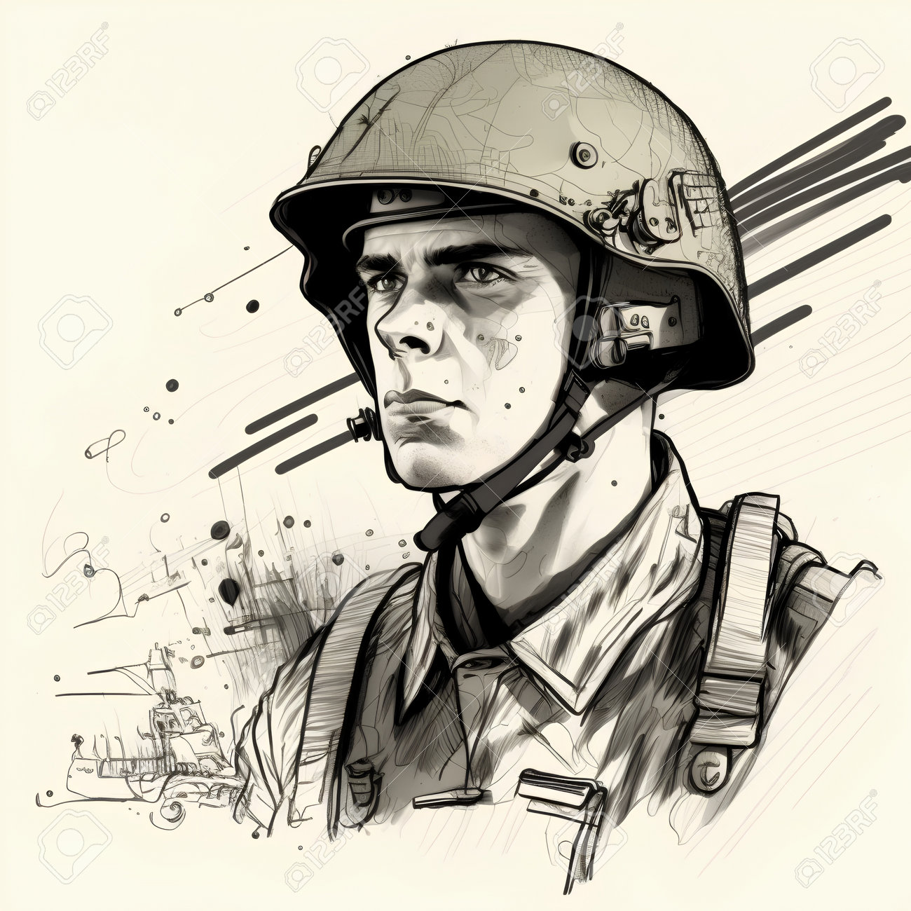 Sketch Of A Man In A Military Helmet, Vector Illustration Фотография,  картинки, изображения и сток-фотография без роялти. Image 200540463