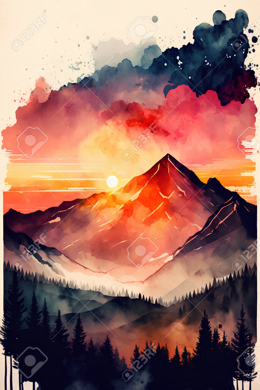 デジタルアート 夕日 抽象的な海の夕日の絵画：カラフルなビーチの壁