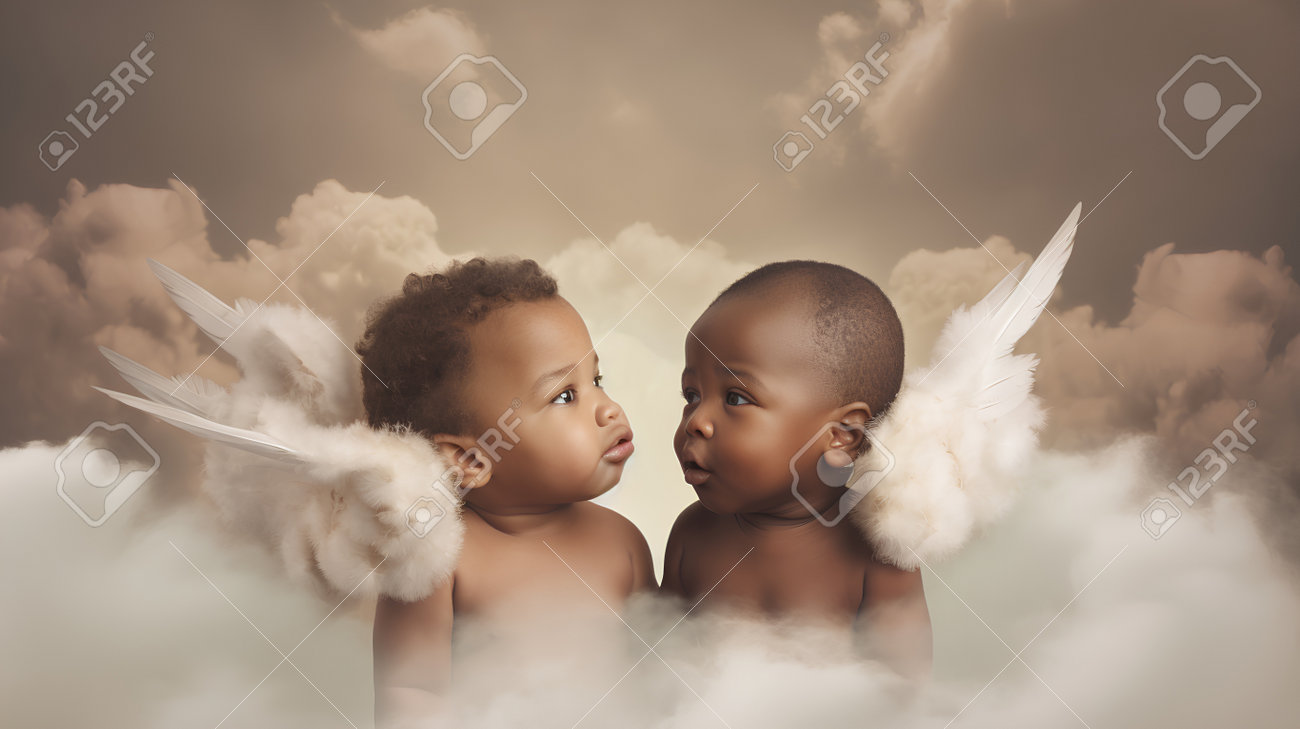 African American Boy And Girl With Angel Wings Looking At Each Other In The  Clouds Stock Photo, Picture and Royalty Free Image. Image 200788515., image size:1300x729