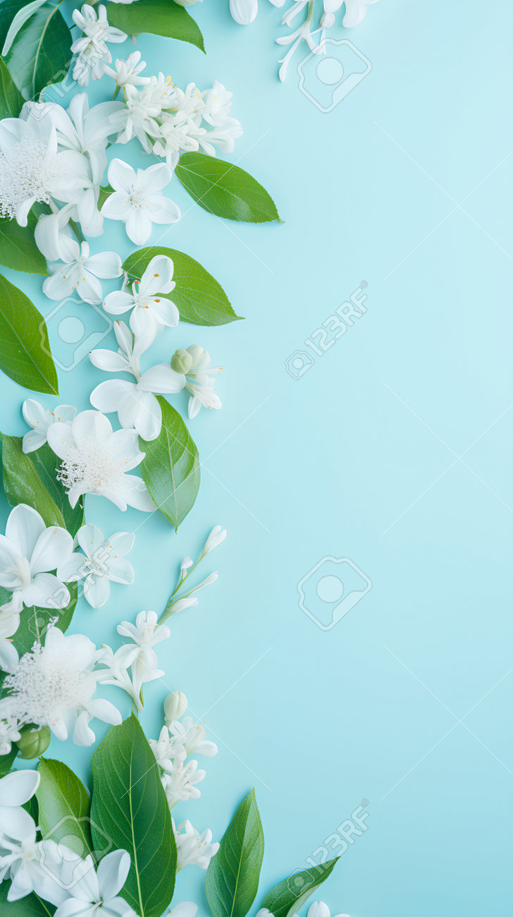 青色背景の白い花の掛軸