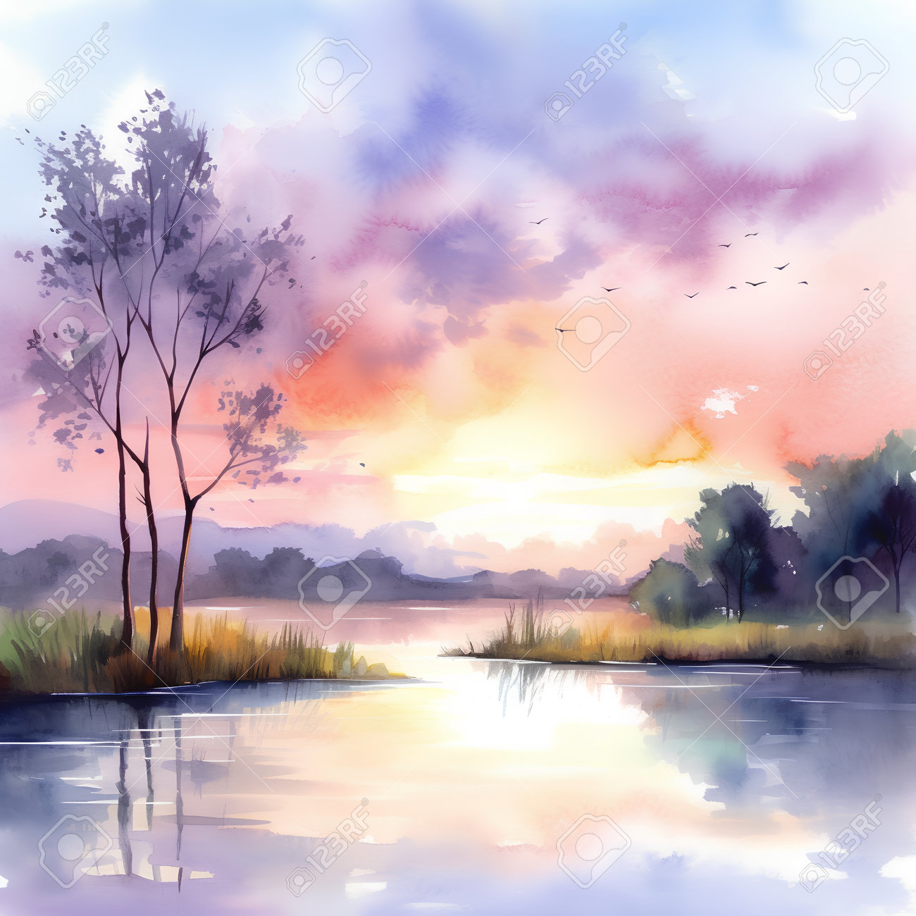 絵画「夕日を浴びて～ 森の散歩道」 水彩画