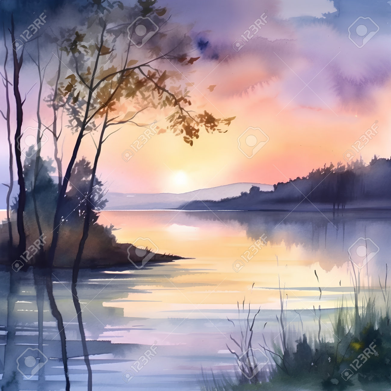 夕闇並木の湖 A4サイズフレーム入り 原画 水彩画 風景画 真新しい