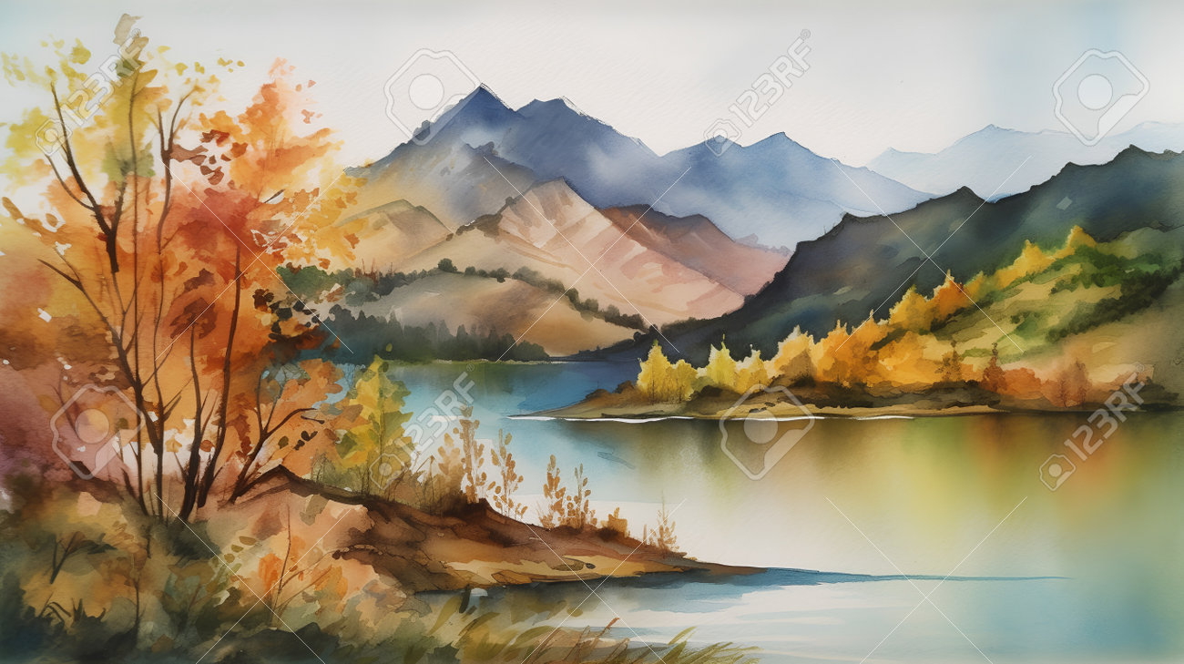 秋の山と湖の油彩画 秋の山と湖の油彩画