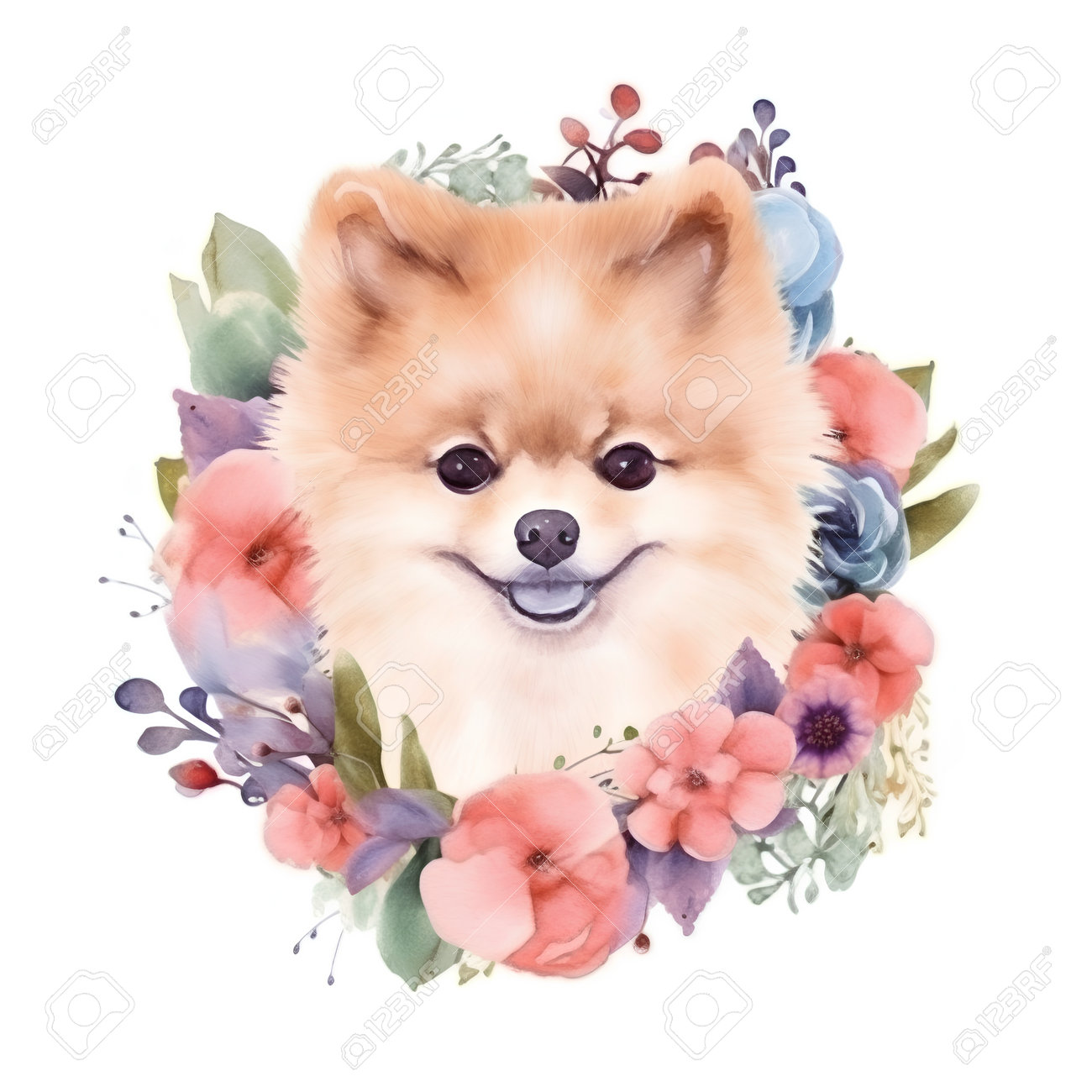 花の花輪にかわいいポメラニアン犬。水彩イラストの写真素材・画像素材