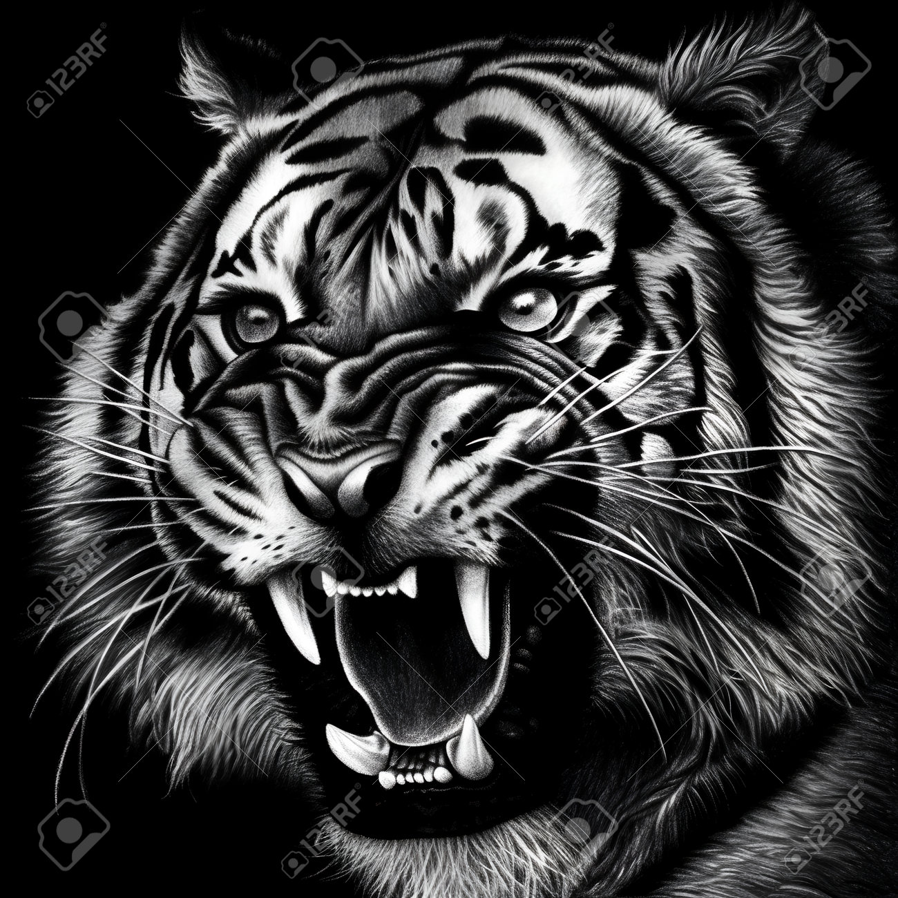 Tiger Face With Open Mouth And Tongue, Black And White Illustration Stock  Photo, Picture and Royalty Free Image. Image 203615795., image size:1300x1300