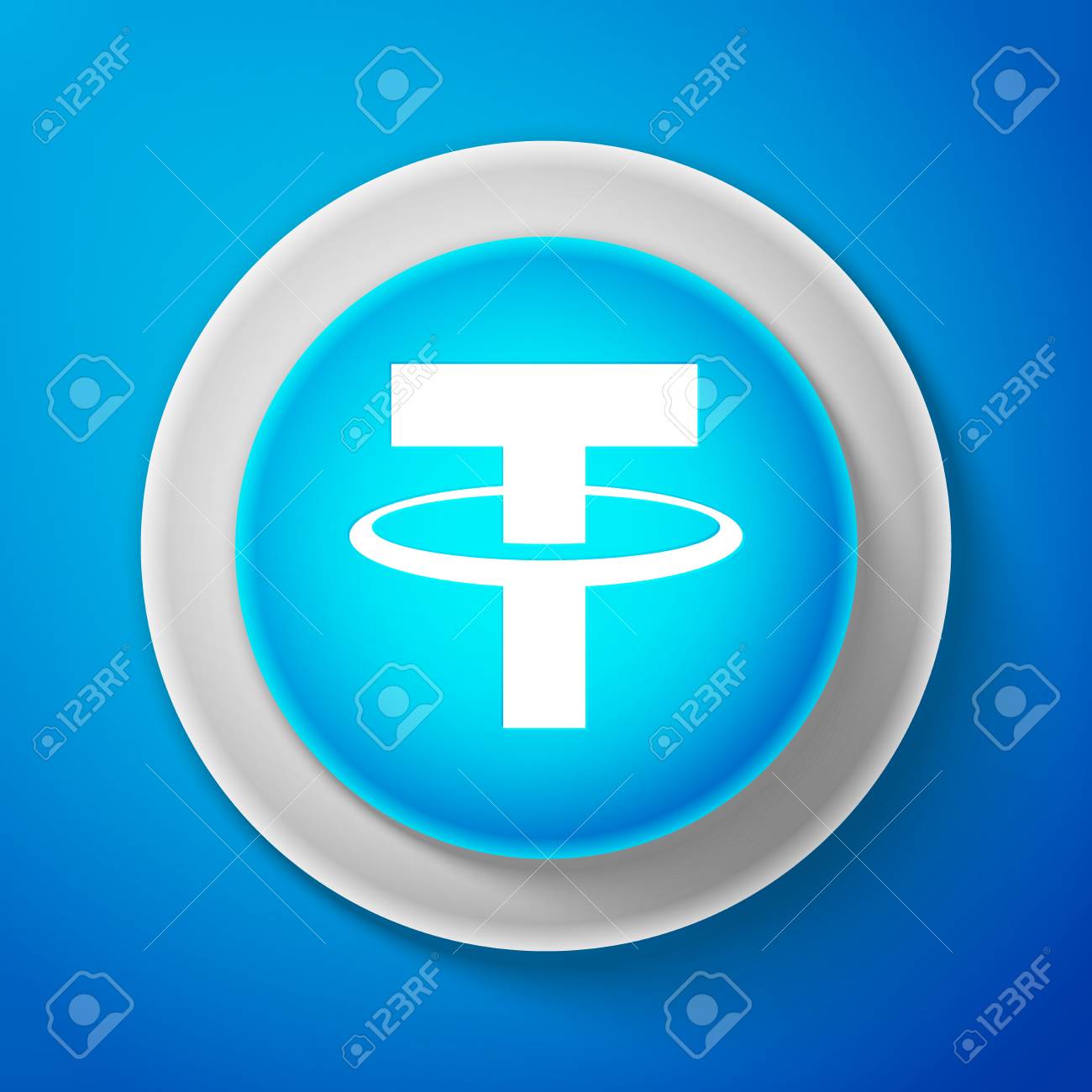 흰색 Cryptocurrency 동전 테더 USDT 아이콘 파란색 배경에 고립. 디지털 화폐. 알트코인 기호입니다. 블록체인 기반 보안  암호화폐. 동그라미 파란색 버튼입니다. 벡터 일러스트 레이 션 로열티 무료 사진, 그림, 이미지 그리고 스톡포토그래피. Image