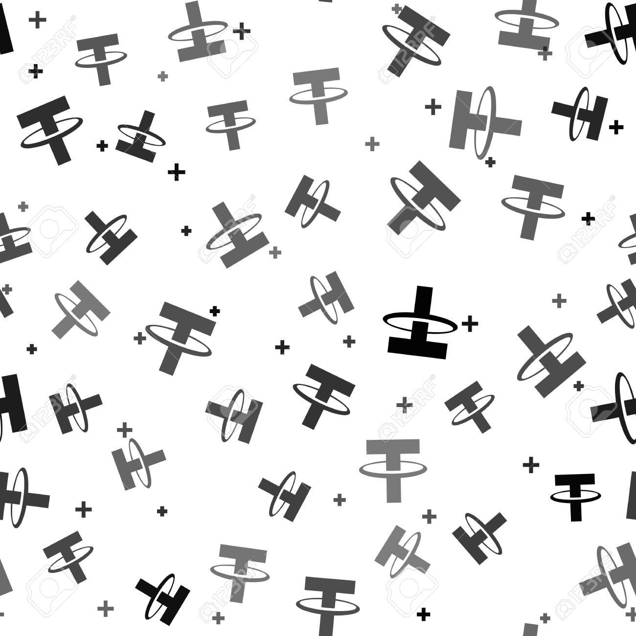 흰색 바탕에 검은색 Cryptocurrency 동전 테더 USDT 아이콘 완벽 한 패턴입니다. 실물 비트코인. 디지털 화폐. 알트코인  기호입니다. 블록체인 기반 보안 암호화폐. 벡터 일러스트 레이 션 로열티 무료 사진, 그림, 이미지 그리고 스톡포토그래피.