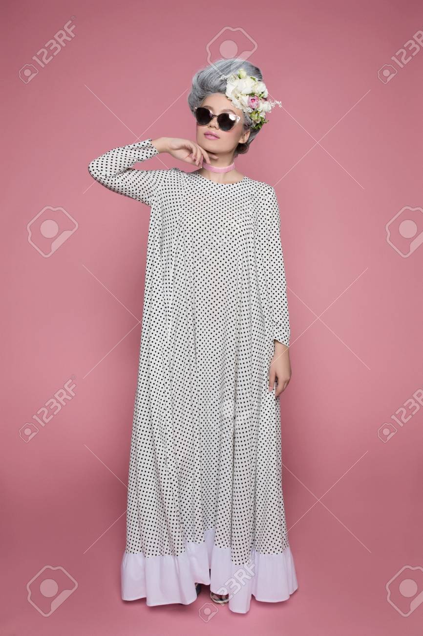 grey dress with pink flowers